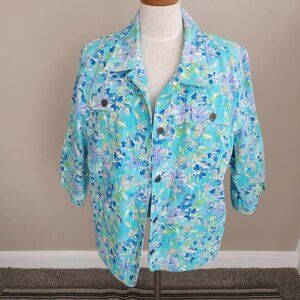 The TOG SHOP Jacket Shacket Womens XL Button Up Pockets Blue Purple Floral Denim